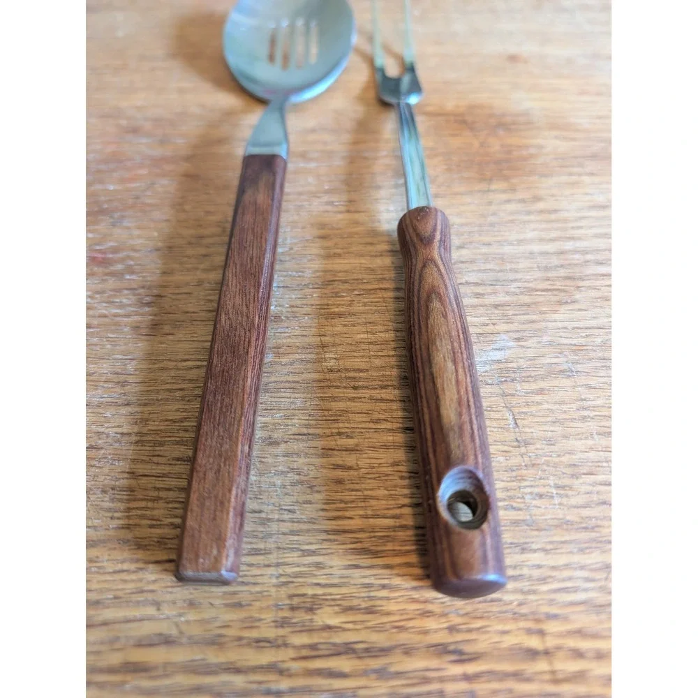 Vintage 1960s EKCO Flint Stainless Slotted Serving Spoon and Meat Fork Set MCM